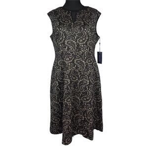 Tommy Hilfiger Black and Metallic Gold Paisley A-line Dress